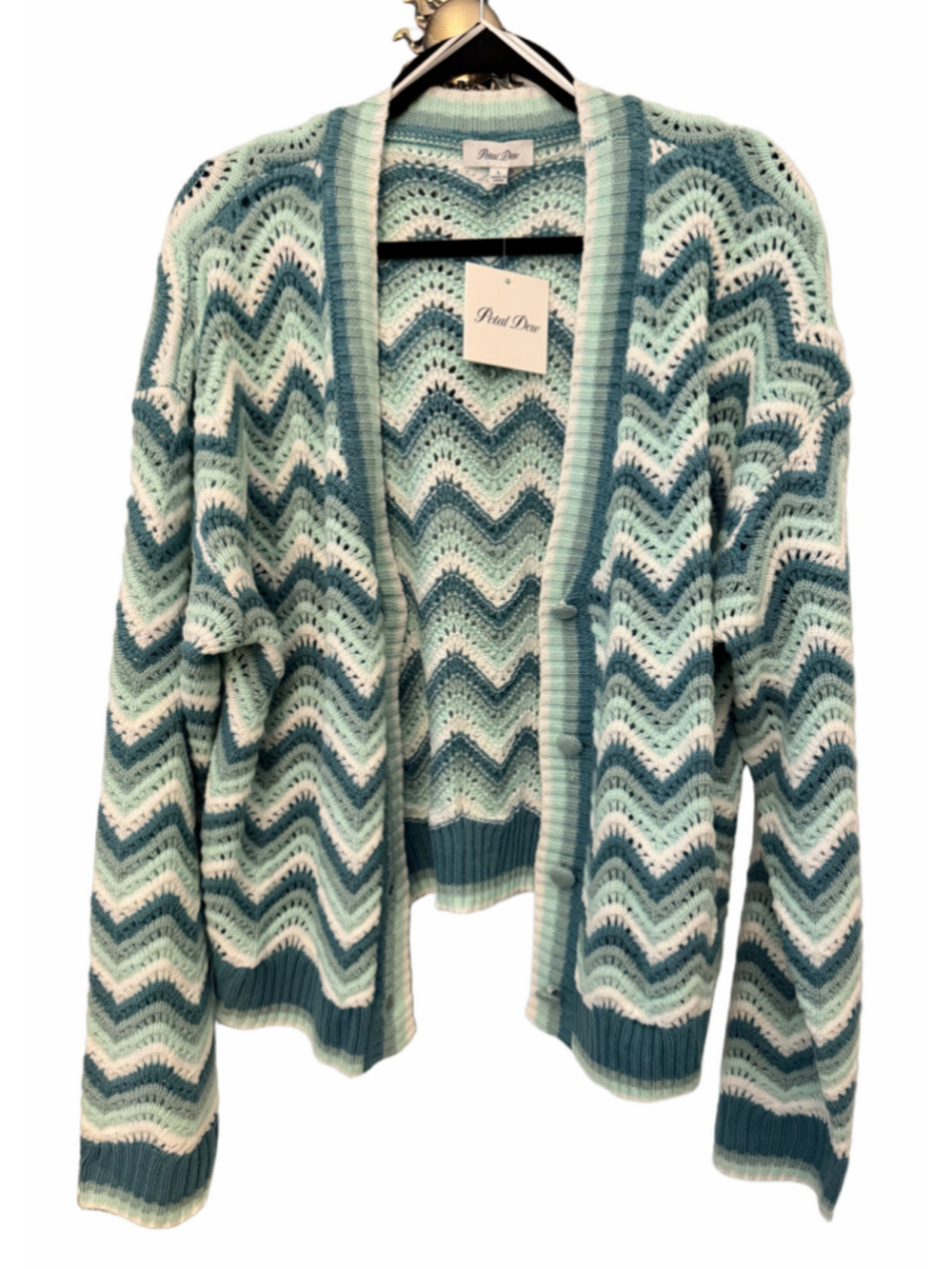 Women's Petal Dew Chevron Cardigan Sweater Size L Blue and White